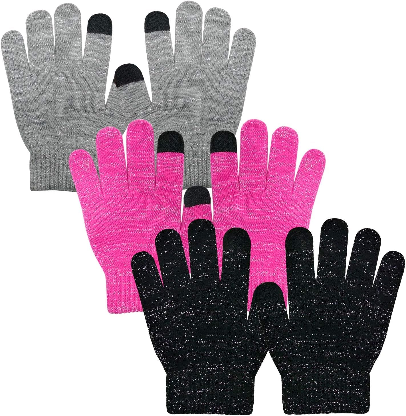 Kids Winter Gloves for Toddler Girls and Boys, Touchscreen Knitted Warm Stretch Mittens 3 Pairs for Cold Weather