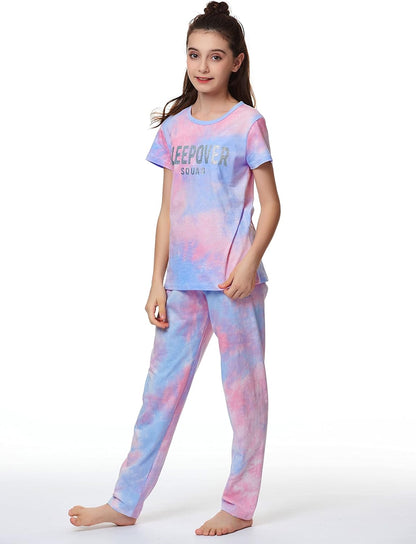 Trendy Tie Dye Sleepover Summer Pajamas for Girls -100% Cotton Soft Dount Cat Caticorn Jammies Size 6-18