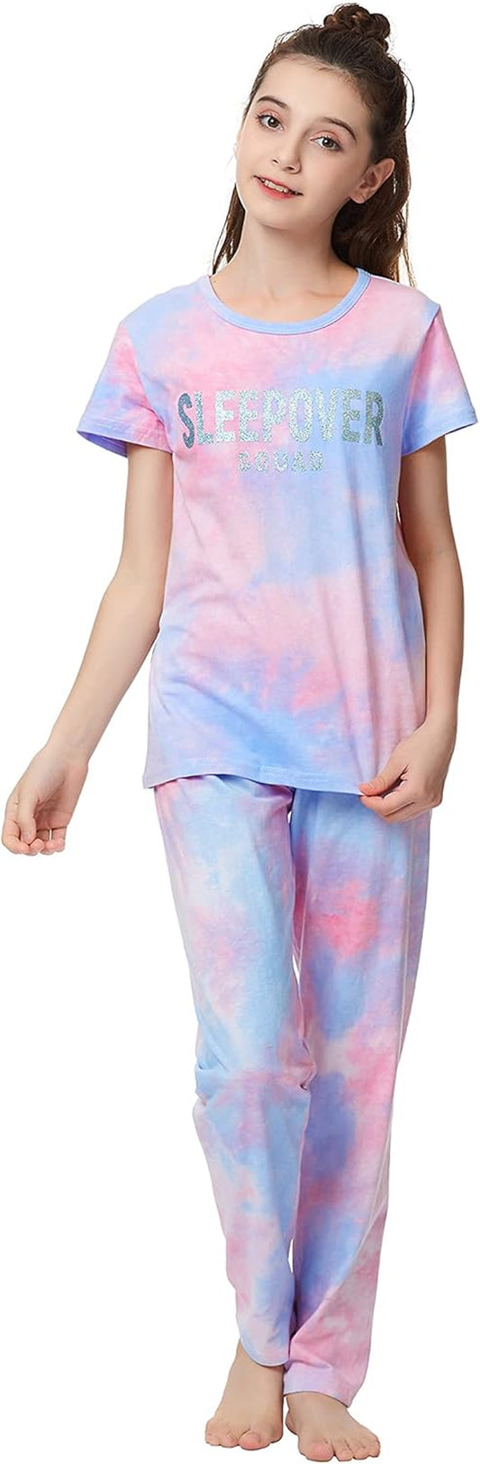 Trendy Tie Dye Sleepover Summer Pajamas for Girls -100% Cotton Soft Dount Cat Caticorn Jammies Size 6-18