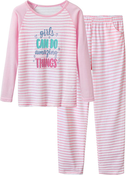 Pajamas for Girls Size 6-16 Pants & Long Sleeve Jammies Glitter Heart & Stripe Tween/Teens Fall Cloths Set